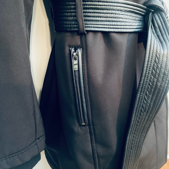 NWOT Bagatelle Sport Asymmetrical Black Hooded Mix Media Trench Coat. Size L. - Picture 5 of 11